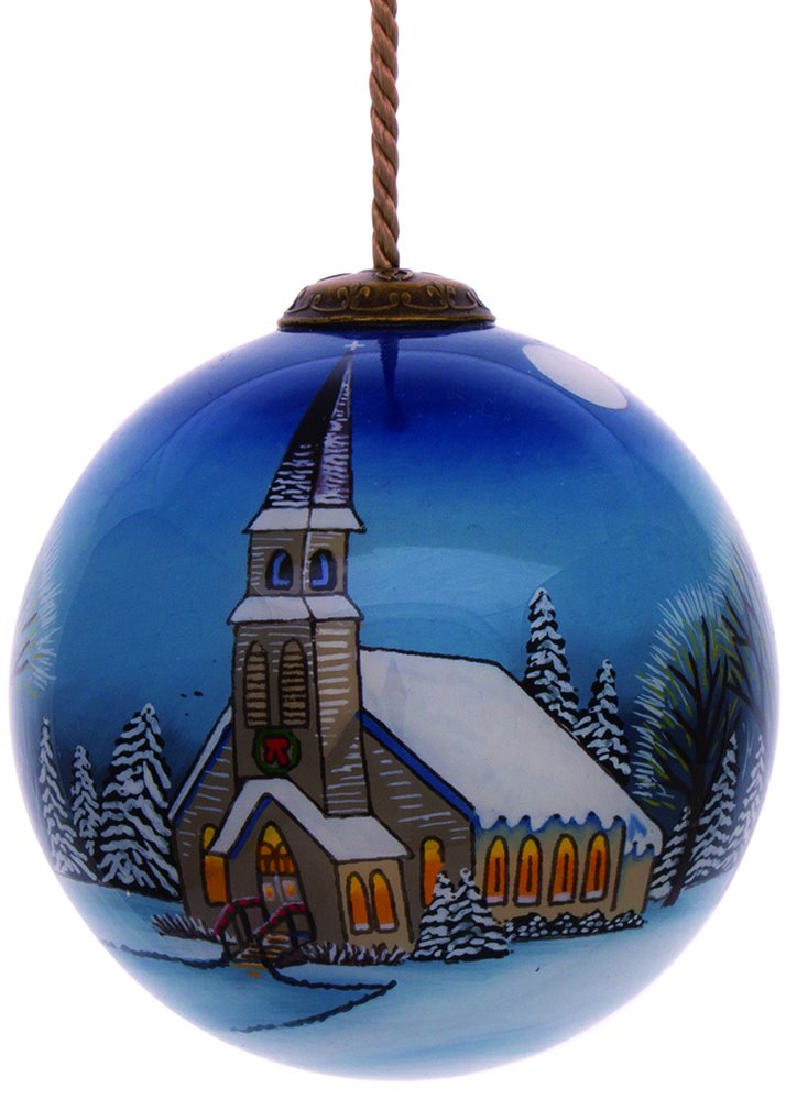 Snowy Church Christmas Hand Painted Blue And White Glass Ball Ornament HomeRoots