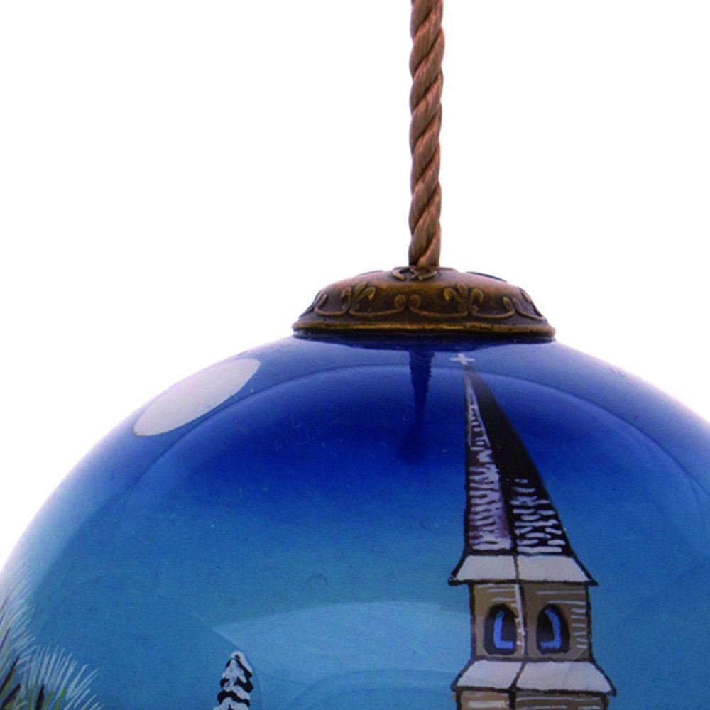 Snowy Church Christmas Hand Painted Blue And White Glass Ball Ornament HomeRoots