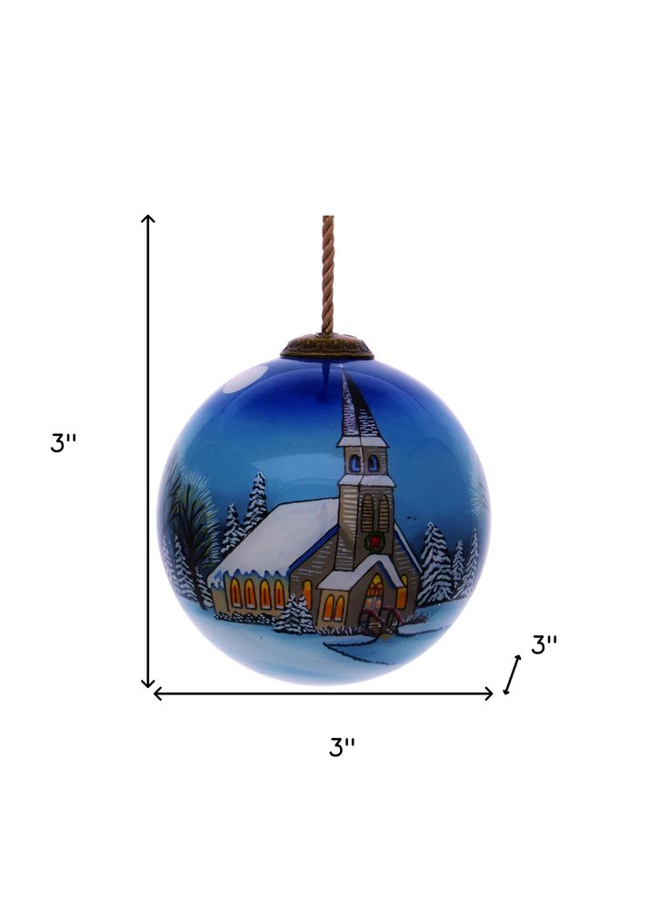 Snowy Church Christmas Hand Painted Blue And White Glass Ball Ornament HomeRoots