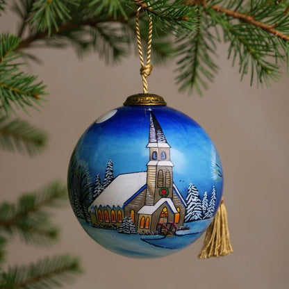 Snowy Church Christmas Hand Painted Blue And White Glass Ball Ornament HomeRoots