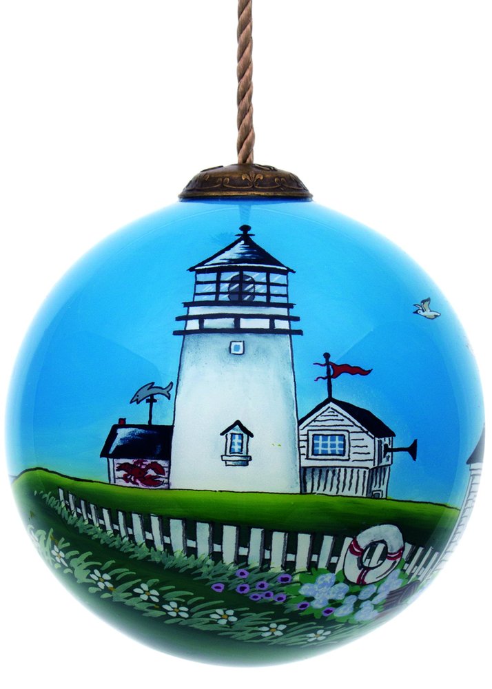 Coastal Lighthouse Hand Painted Blue Green And White Glass Ball Ornament HomeRoots