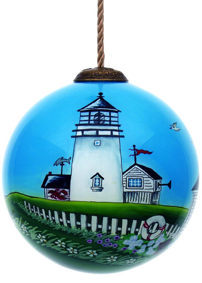 Coastal Lighthouse Hand Painted Blue Green And White Glass Ball Ornament HomeRoots