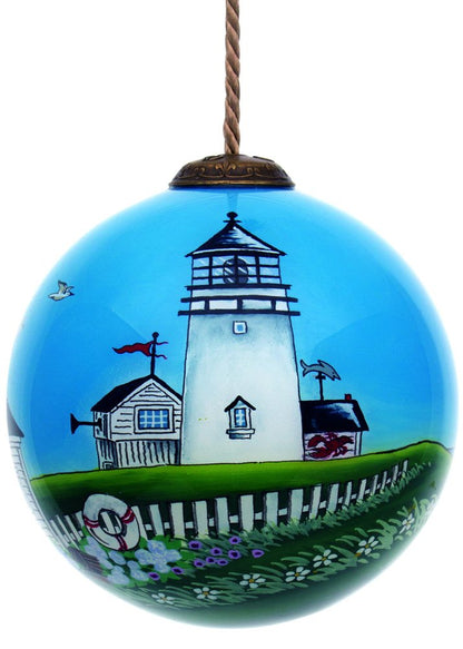 Coastal Lighthouse Hand Painted Blue Green And White Glass Ball Ornament HomeRoots