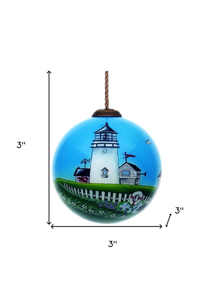 Coastal Lighthouse Hand Painted Blue Green And White Glass Ball Ornament HomeRoots