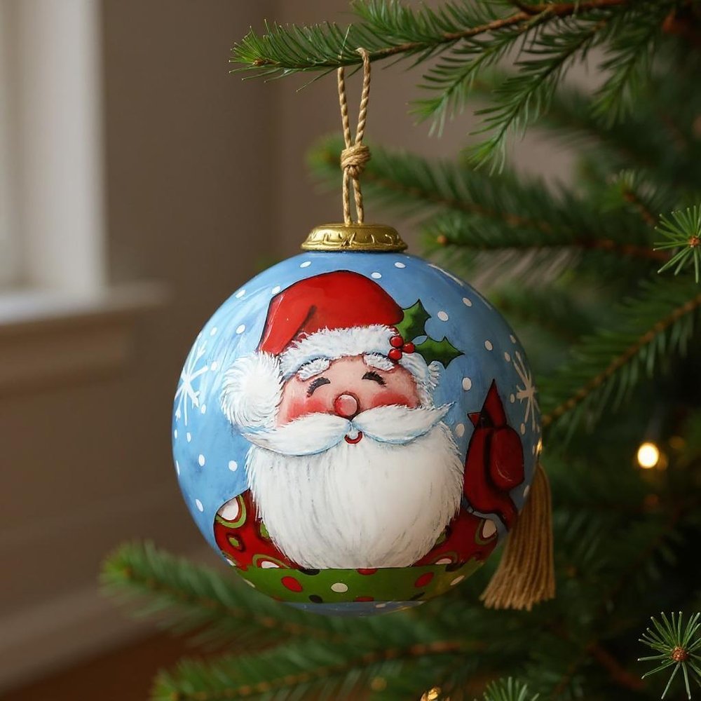 Jolly Holiday Santa Hand Painted Blue White And Red Glass Ball Ornament HomeRoots