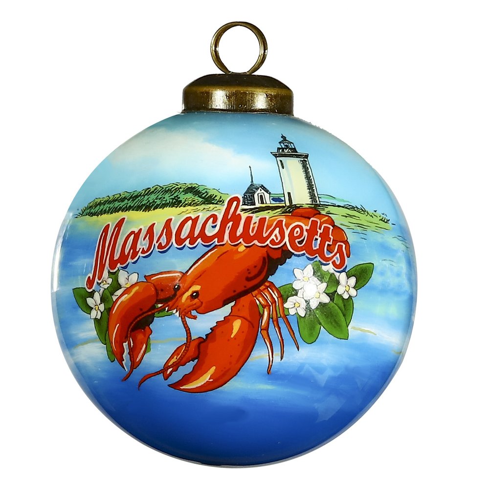 Massachusetts Hand Painted Blue Red And Green Glass Ball Ornament HomeRoots