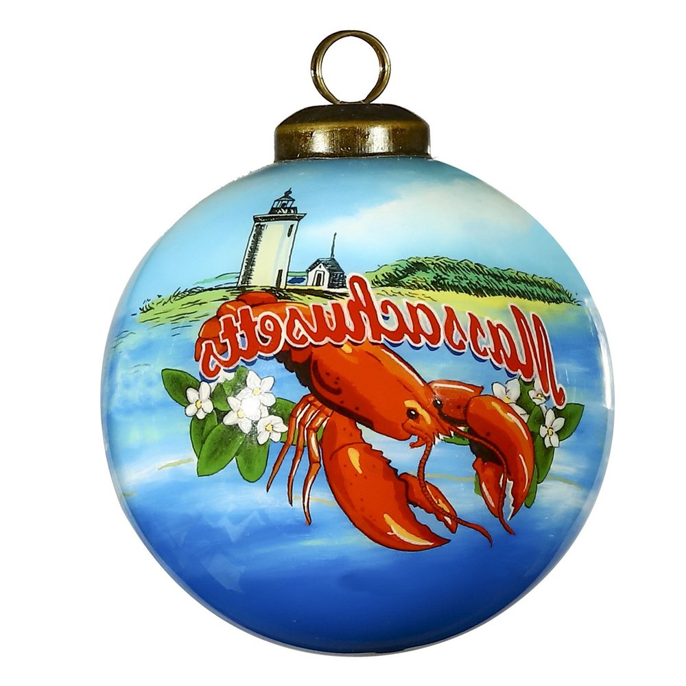 Massachusetts Hand Painted Blue Red And Green Glass Ball Ornament HomeRoots