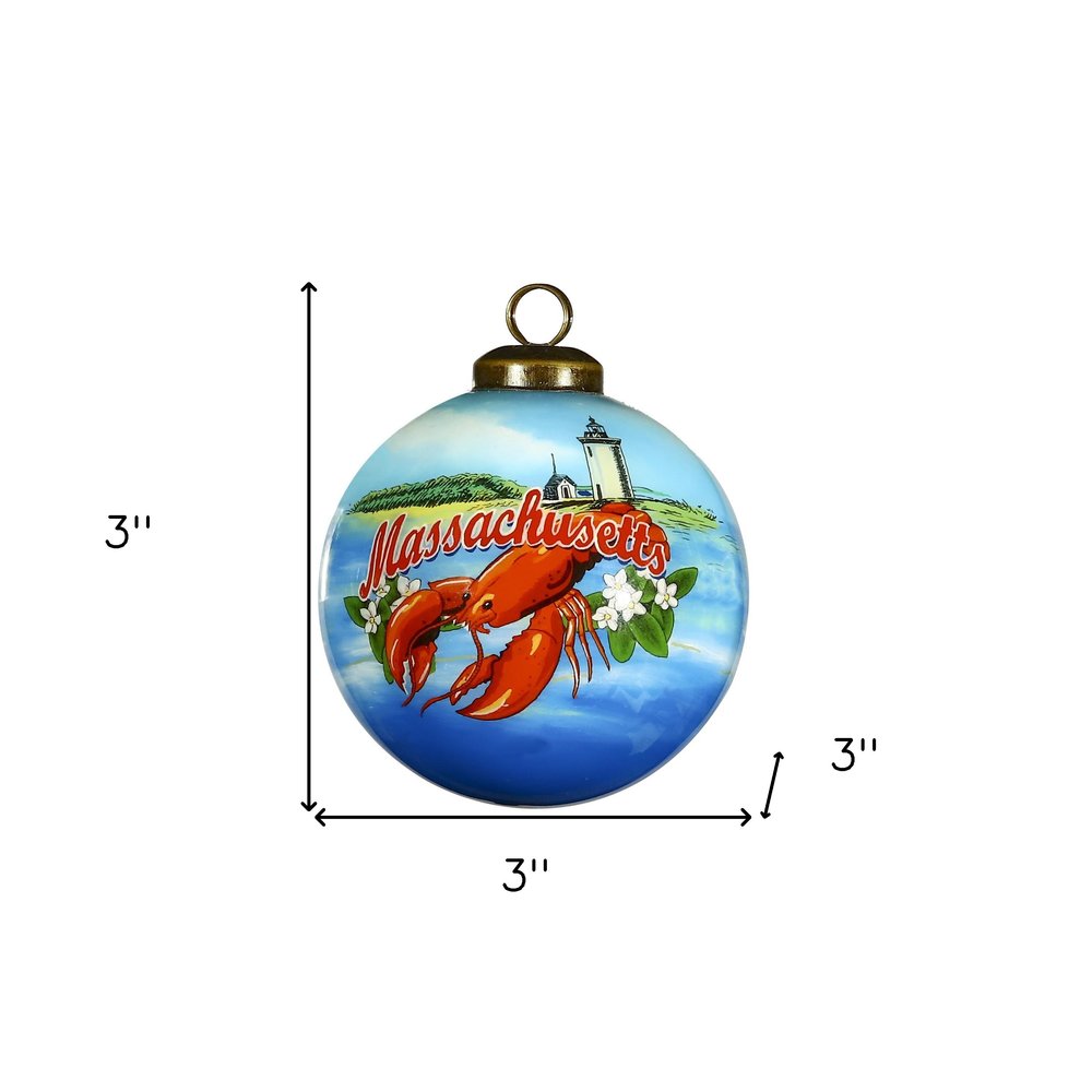 Massachusetts Hand Painted Blue Red And Green Glass Ball Ornament HomeRoots