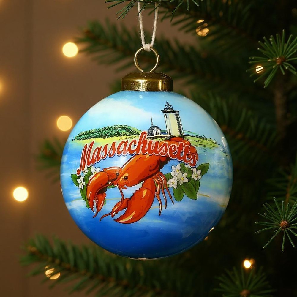 Massachusetts Hand Painted Blue Red And Green Glass Ball Ornament HomeRoots