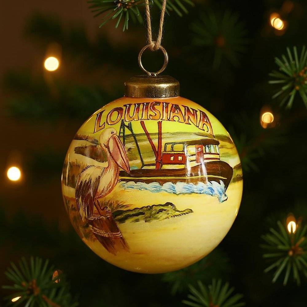 Louisiana Hand Painted Green Brown And Yellow Glass Ball Ornament HomeRoots