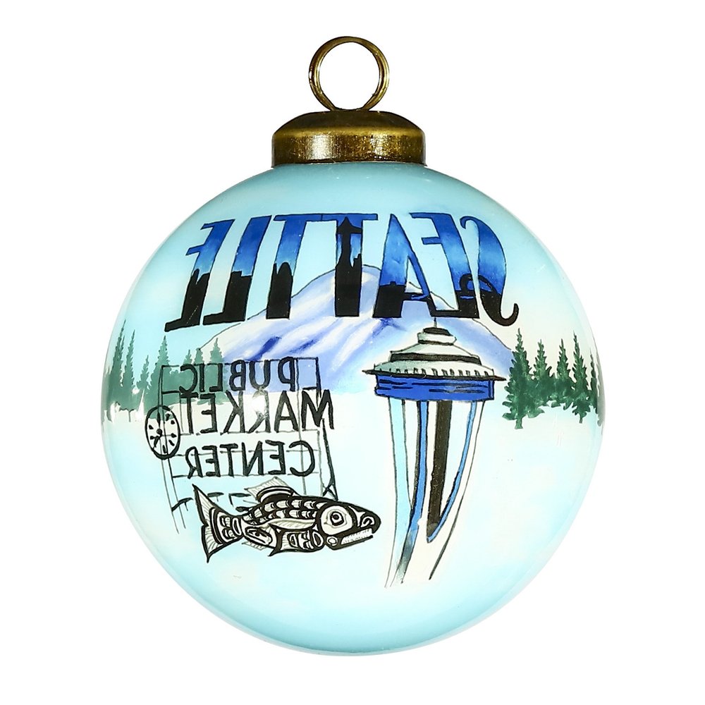 Seattle Hand Painted Blue Green And Black Glass Ball Ornament HomeRoots