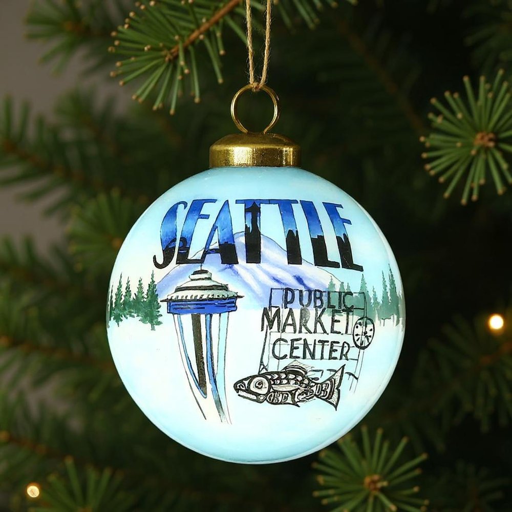 Seattle Hand Painted Blue Green And Black Glass Ball Ornament HomeRoots