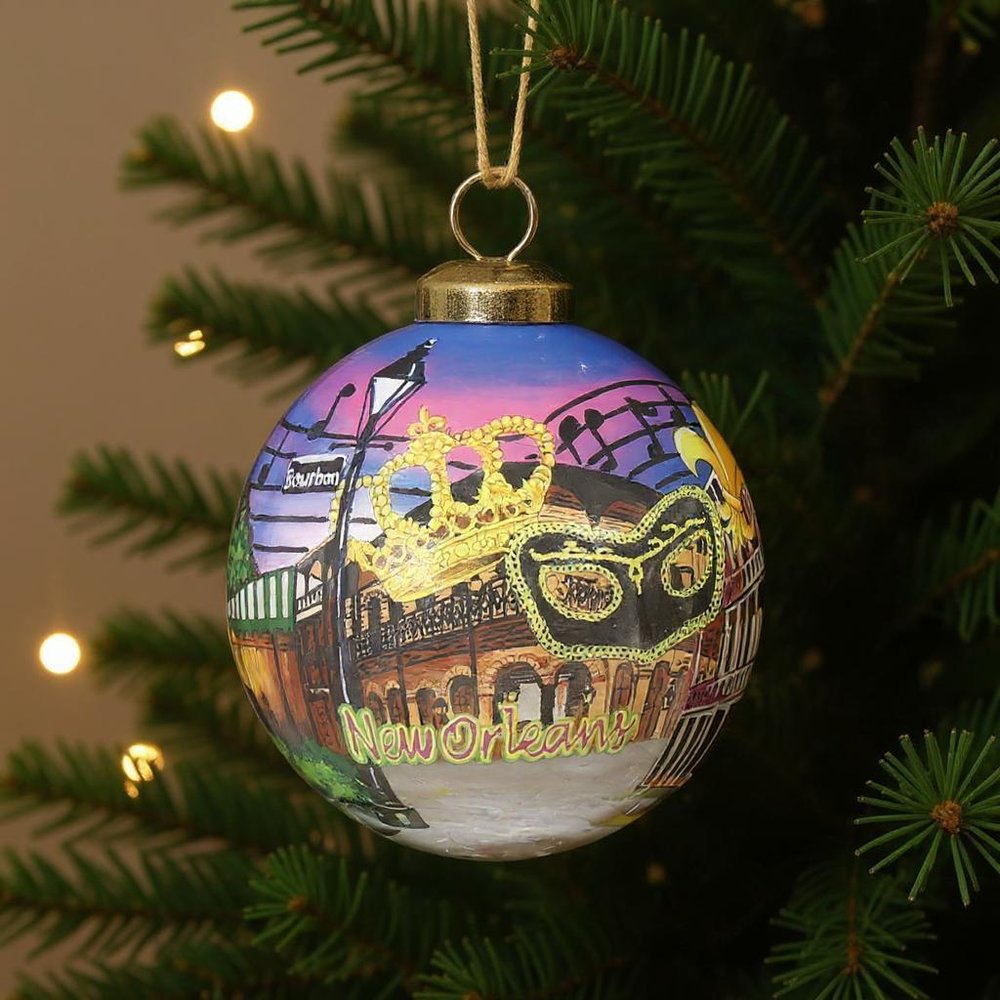 New Orleans Hand Painted Purple Gold And Brown Glass Ball Ornament HomeRoots