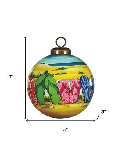 Flip Flop Beach Hand Painted Green Yellow And Blue Glass Ball Ornament HomeRoots
