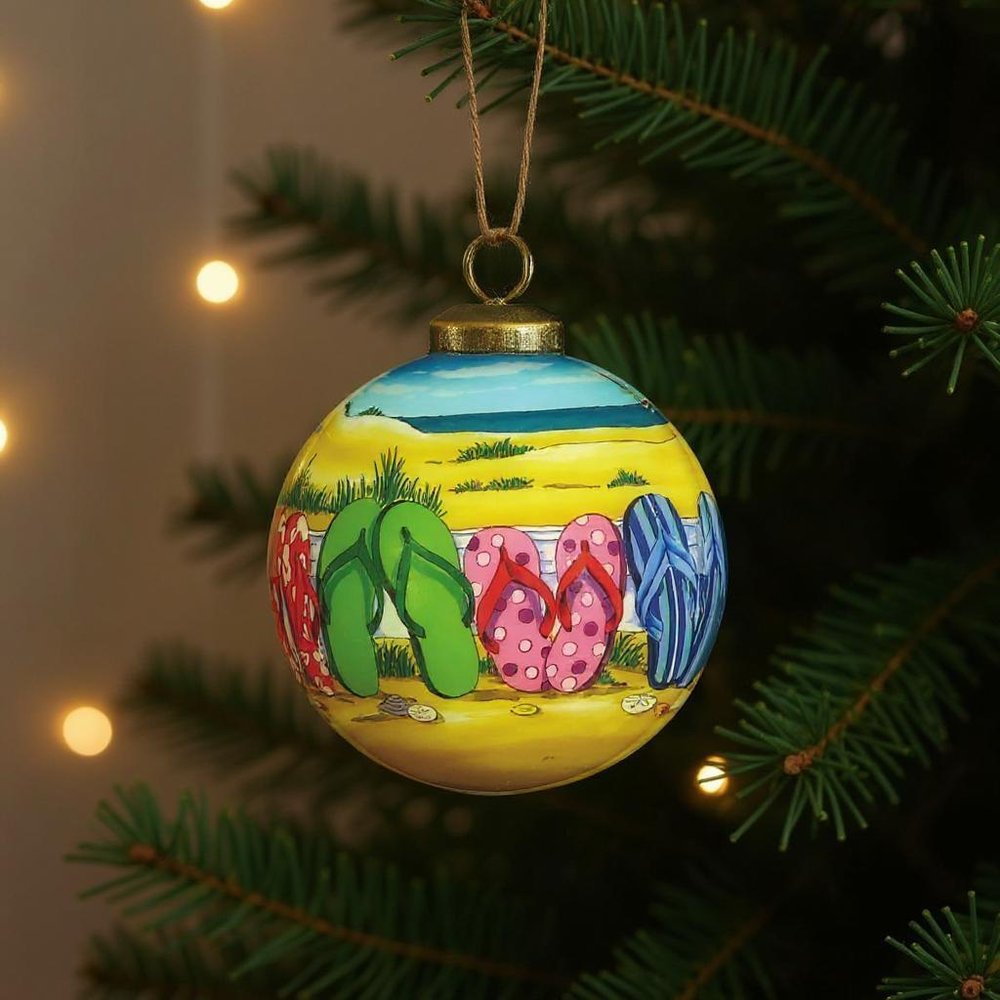 Flip Flop Beach Hand Painted Green Yellow And Blue Glass Ball Ornament HomeRoots