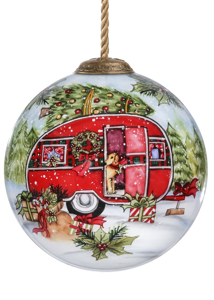 Christmas Red Camper Hand Painted Red Green And White Glass Ball Ornament HomeRoots