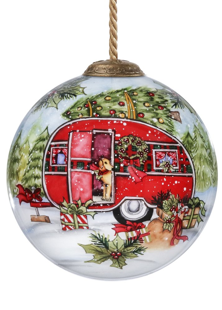 Christmas Red Camper Hand Painted Red Green And White Glass Ball Ornament HomeRoots