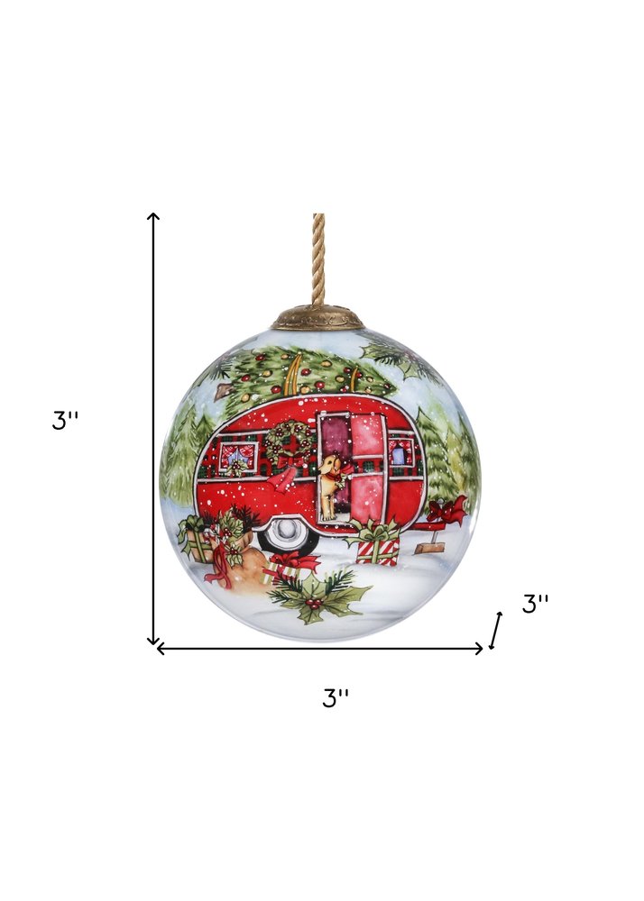 Christmas Red Camper Hand Painted Red Green And White Glass Ball Ornament HomeRoots