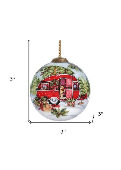 Christmas Red Camper Hand Painted Red Green And White Glass Ball Ornament HomeRoots