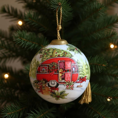 Christmas Red Camper Hand Painted Red Green And White Glass Ball Ornament HomeRoots