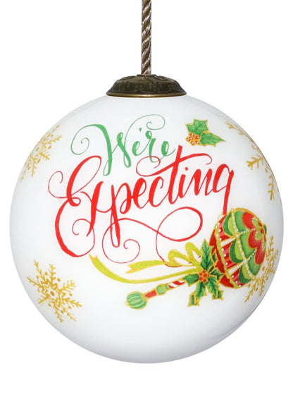 We are Expecting Hand Painted White Red And Gold Glass Ball Ornament HomeRoots