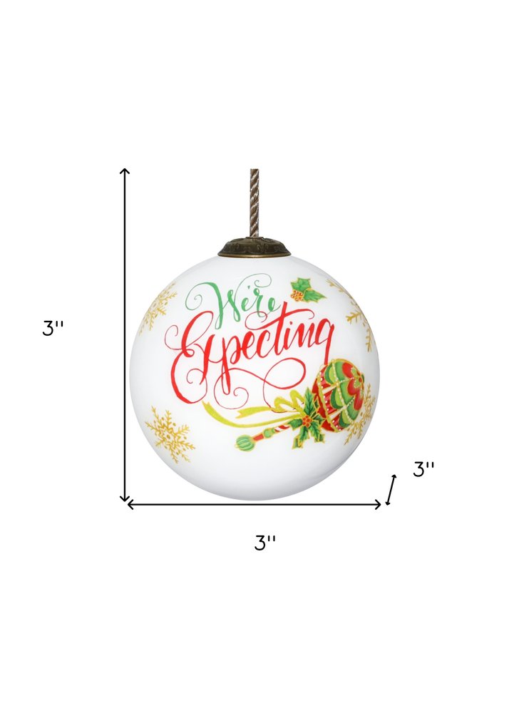 We are Expecting Hand Painted White Red And Gold Glass Ball Ornament HomeRoots
