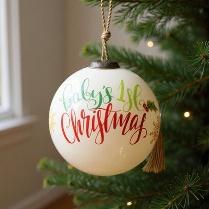 Babyes 1st Christmas Hand Painted White Red And Gold Glass Ball Ornament HomeRoots