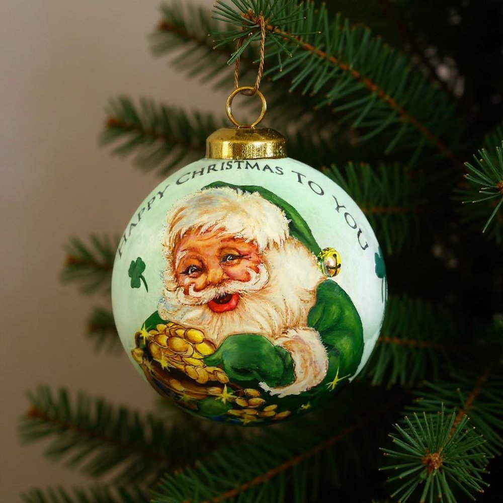 Irish Santa Hand Painted White Green And Brown Glass Ball Ornament HomeRoots