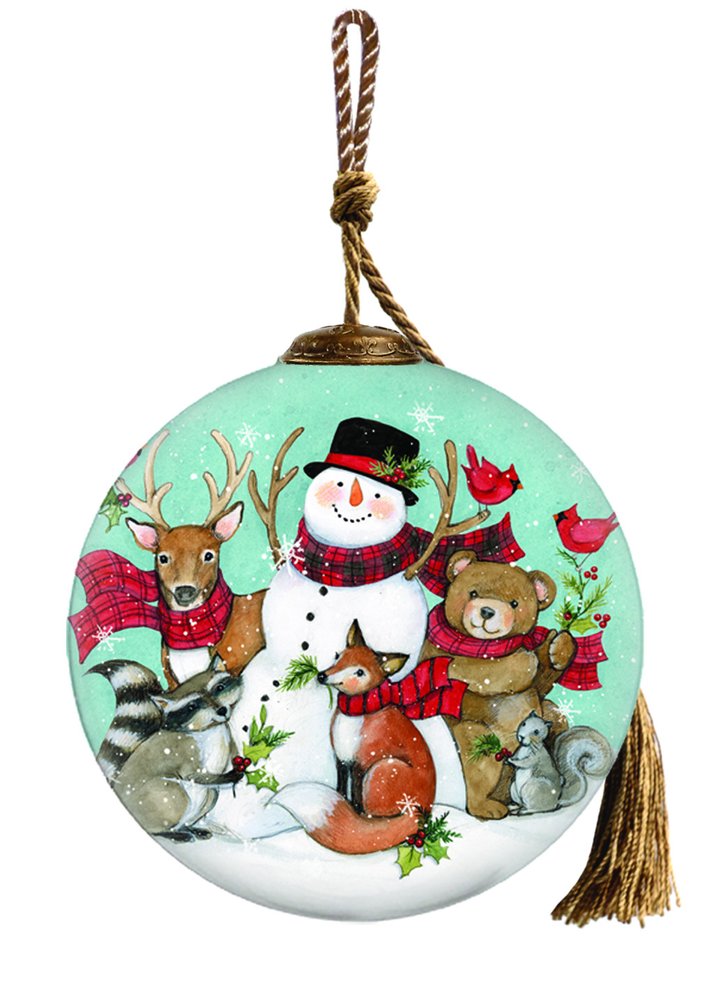 Snowman and Forest Animal Hand Painted Green Brown And White Glass Ball Ornament HomeRoots