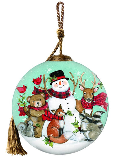 Snowman and Forest Animal Hand Painted Green Brown And White Glass Ball Ornament HomeRoots