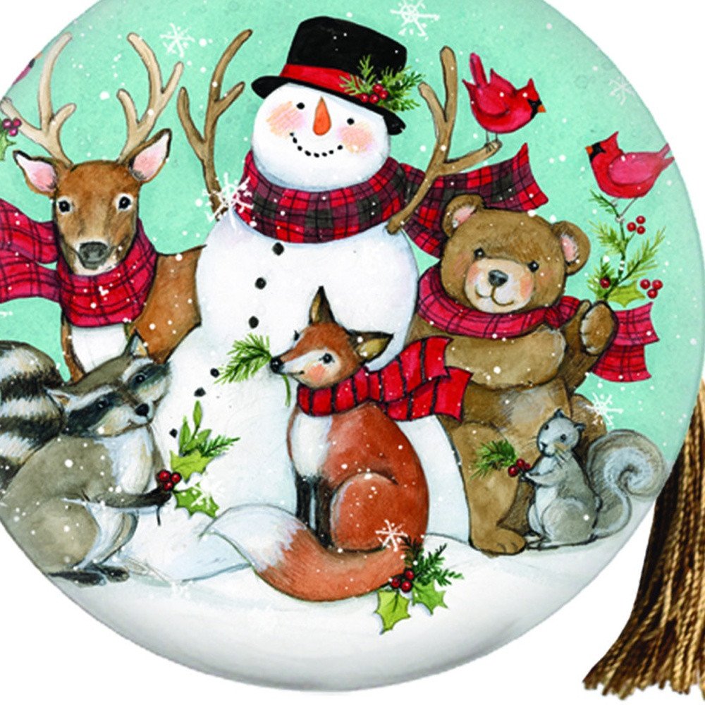 Snowman and Forest Animal Hand Painted Green Brown And White Glass Ball Ornament HomeRoots