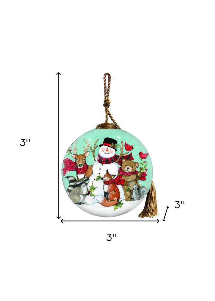 Snowman and Forest Animal Hand Painted Green Brown And White Glass Ball Ornament HomeRoots