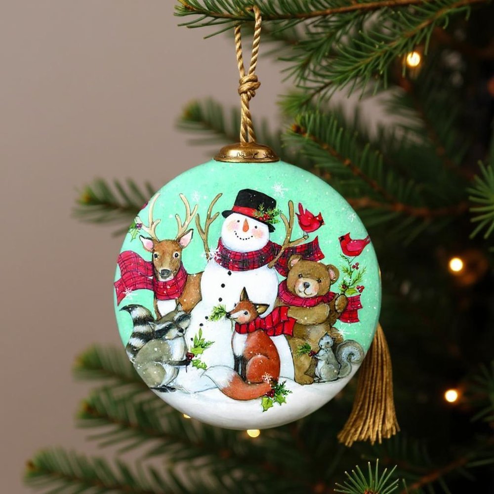 Snowman and Forest Animal Hand Painted Green Brown And White Glass Ball Ornament HomeRoots