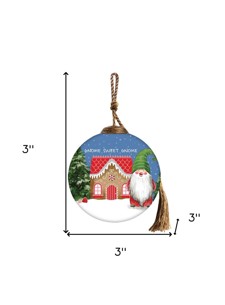 Gnome Sweet Gnome Hand Painted Blue Green And Red Glass Ball Ornament HomeRoots