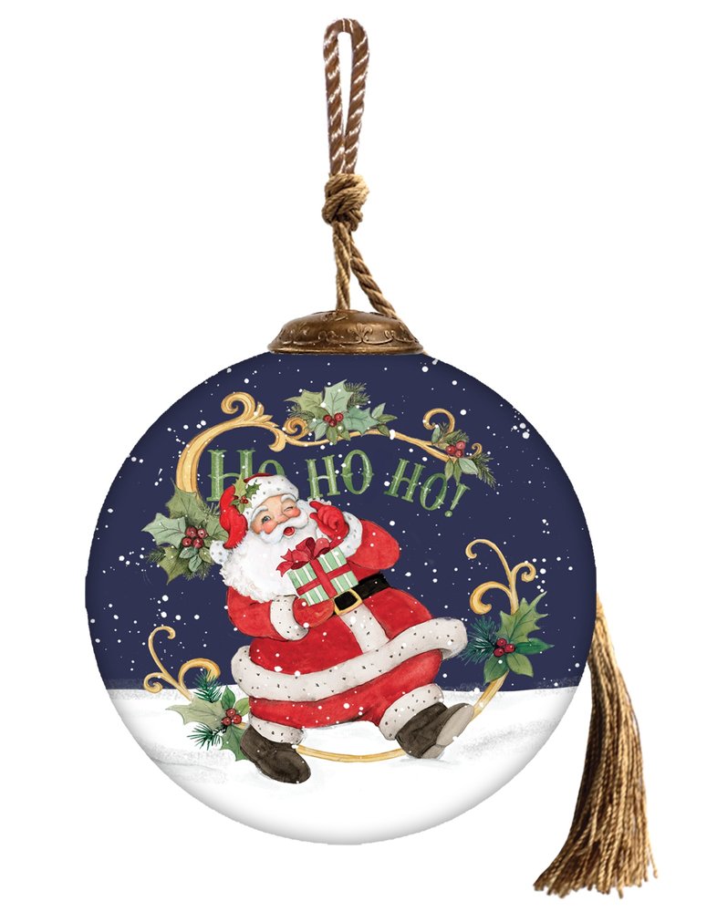 Ho Ho Ho Santa Hand Painted Blue White And Red Glass Ball Ornament HomeRoots
