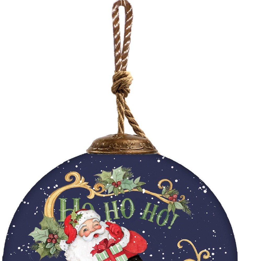 Ho Ho Ho Santa Hand Painted Blue White And Red Glass Ball Ornament HomeRoots