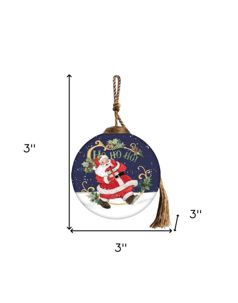 Ho Ho Ho Santa Hand Painted Blue White And Red Glass Ball Ornament HomeRoots