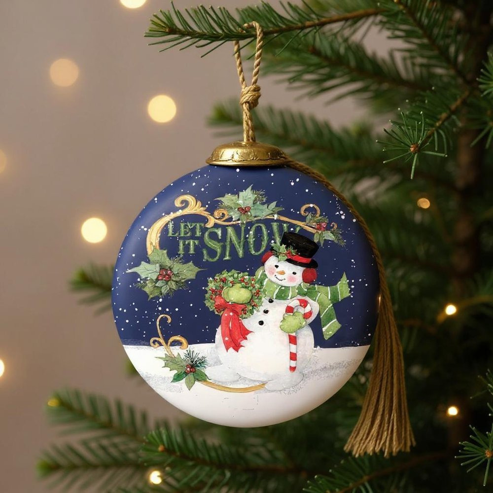 Let It Snow Hand Painted Blue White And Red Glass Ball Ornament HomeRoots