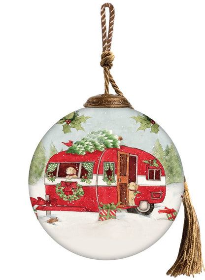 Travel with Red Campe Hand Painted Red White And Green Glass Ball Ornament HomeRoots