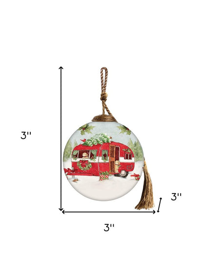 Travel with Red Campe Hand Painted Red White And Green Glass Ball Ornament HomeRoots