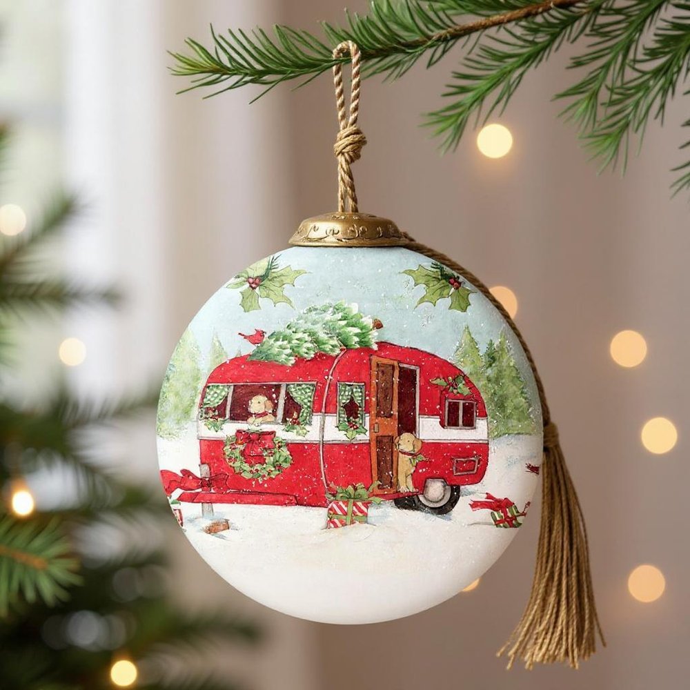 Travel with Red Campe Hand Painted Red White And Green Glass Ball Ornament HomeRoots
