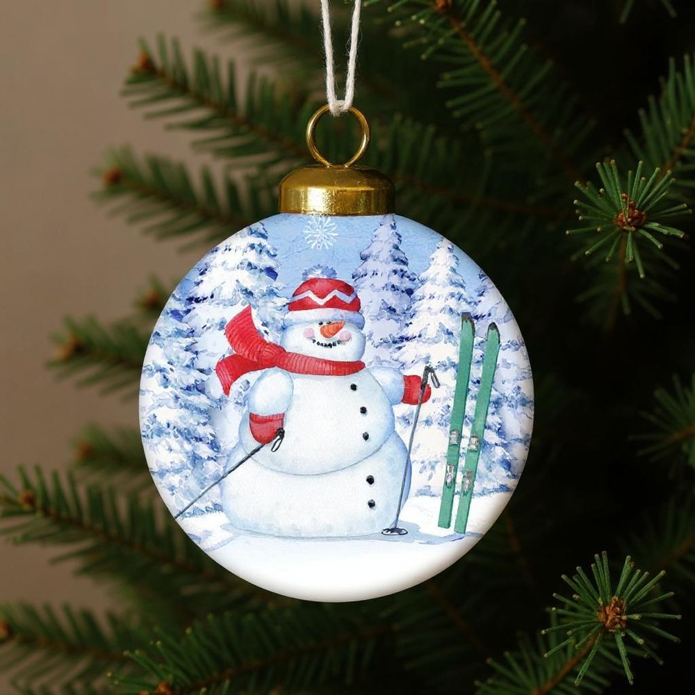 Ski Snowman Hand Painted White Blue And Red Glass Ball Ornament HomeRoots