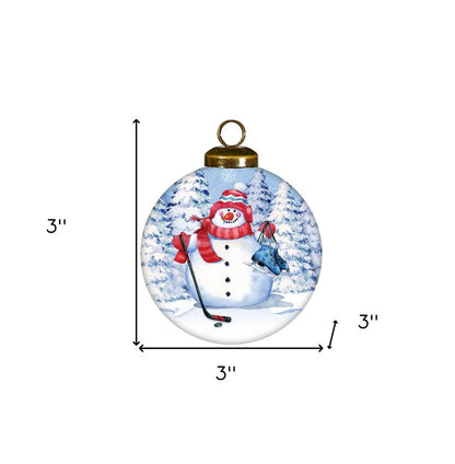 Hockey Snowman Hand Painted White Blue And Red Glass Ball Ornament HomeRoots