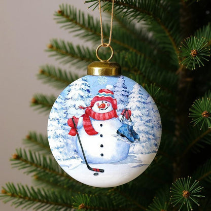 Hockey Snowman Hand Painted White Blue And Red Glass Ball Ornament HomeRoots