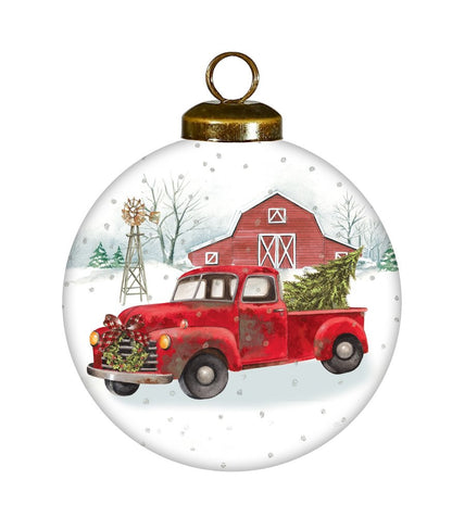 Christmas on the Farm Red Truck Hand Painted Red And White Glass Ball Ornament HomeRoots