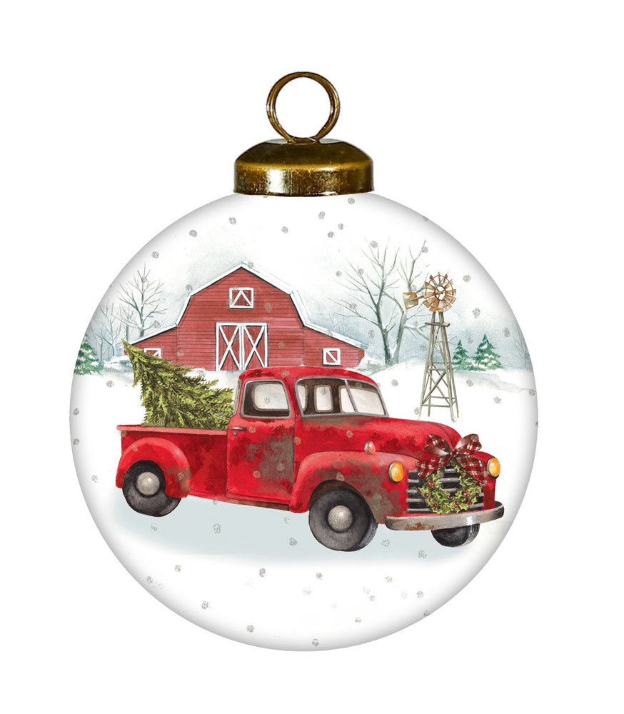 Christmas on the Farm Red Truck Hand Painted Red And White Glass Ball Ornament HomeRoots
