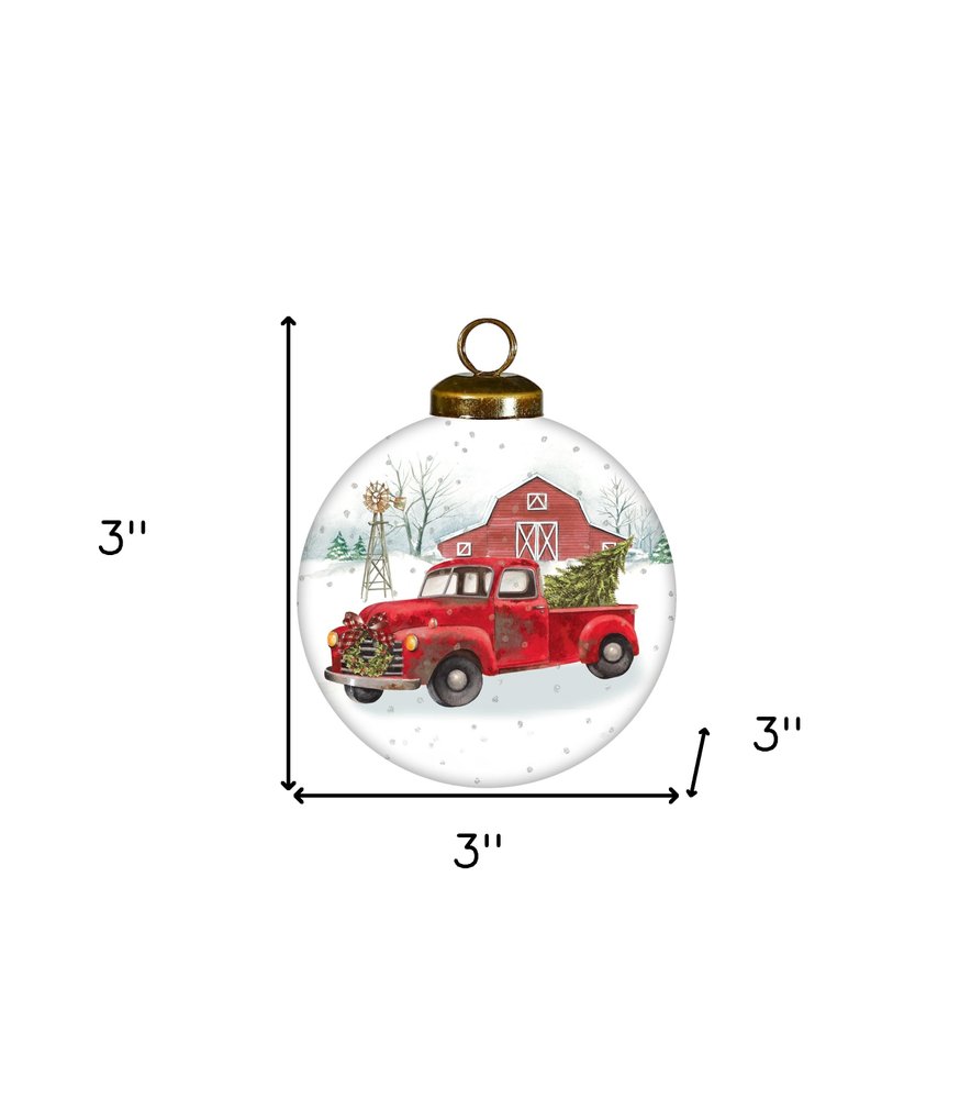 Christmas on the Farm Red Truck Hand Painted Red And White Glass Ball Ornament HomeRoots