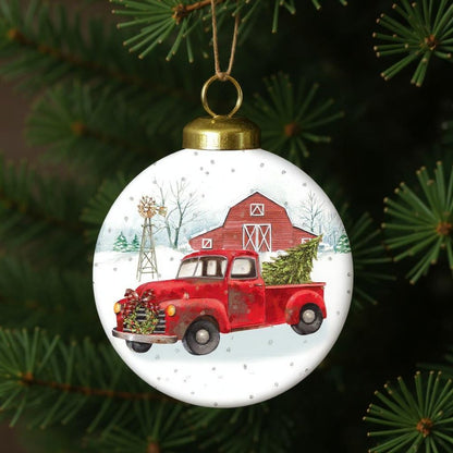 Christmas on the Farm Red Truck Hand Painted Red And White Glass Ball Ornament HomeRoots