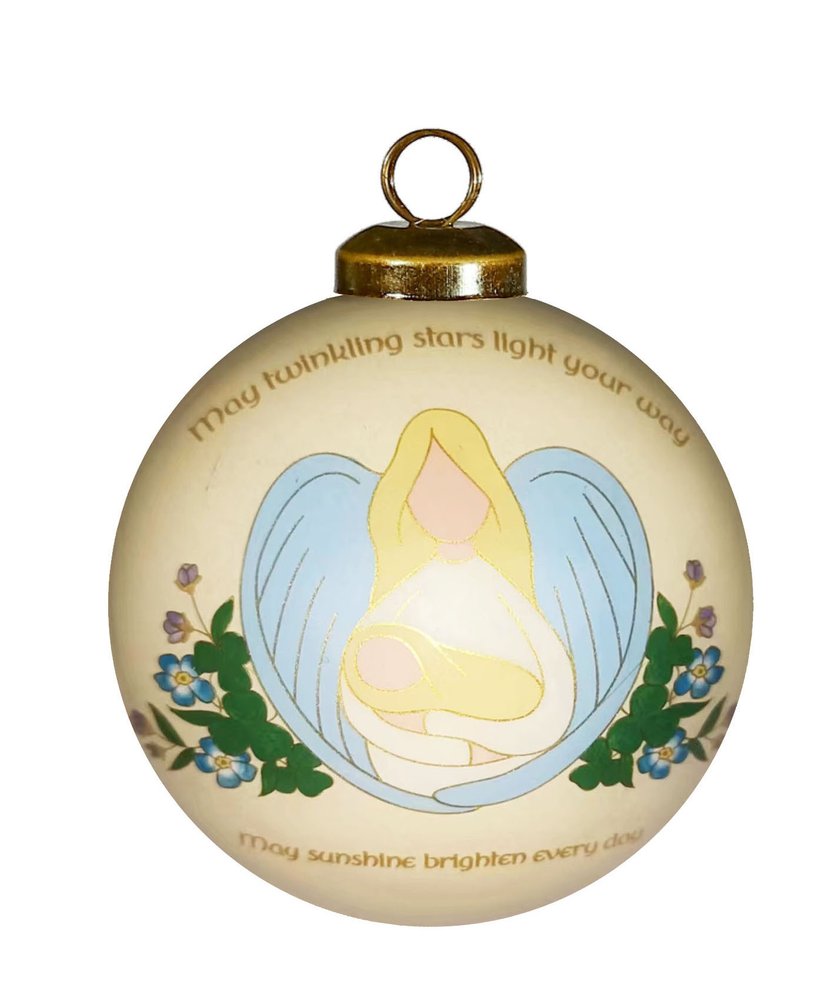 A blessing for Baby Irish Hand Painted Cream Light Blue And Yellow Glass Ball Ornament HomeRoots