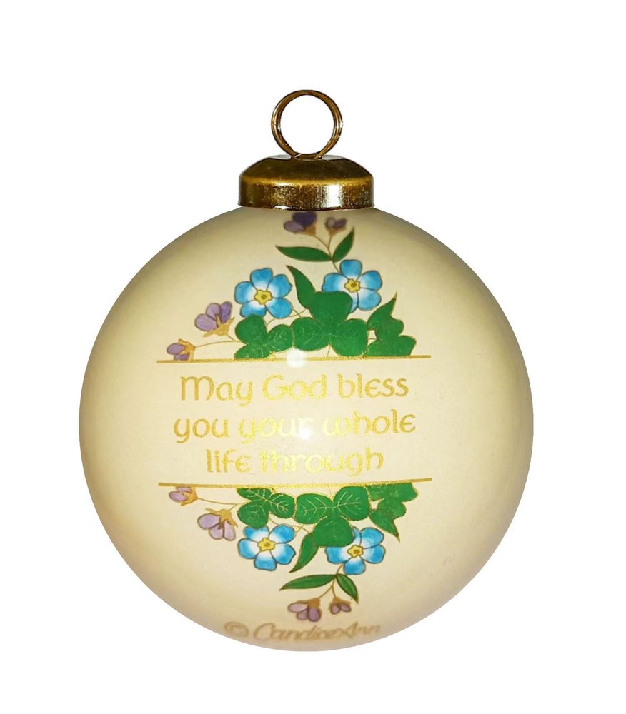 A blessing for Baby Irish Hand Painted Cream Light Blue And Yellow Glass Ball Ornament HomeRoots